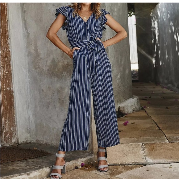 Striped Ruffle-Sleeve Jumpsuit - Picture 3 of 7